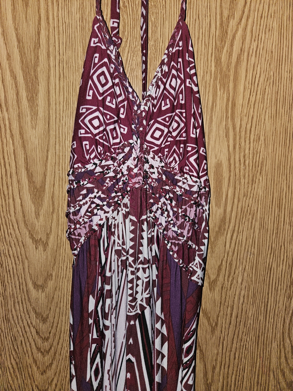 Vanity Maroon and White Geometric Halter Maxi Dress